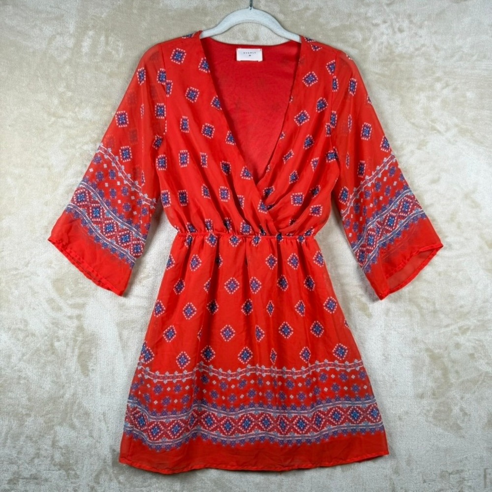 Everly Womens Small Orange Geometric Print V-Neck Mini Dress 3/4 Bell Sleeveβ